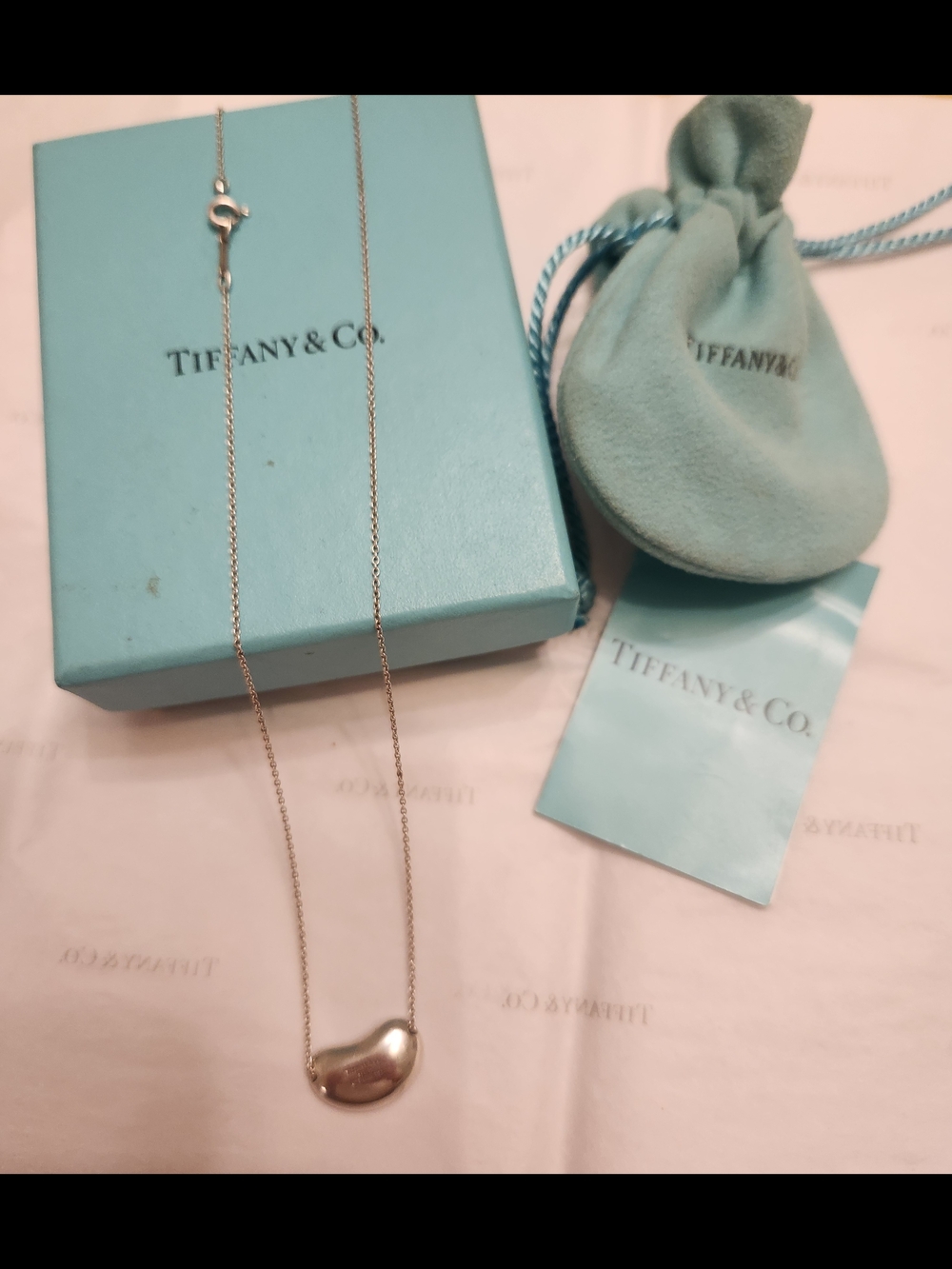 Tiffany & Co. Sterling Silver Bean Pendant Necklace with Tiffany Blue Pouch